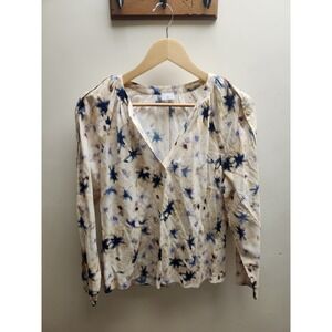 Ecru Women's M V Neck Long Sleeve Button Detail Artistic‎ Print Top